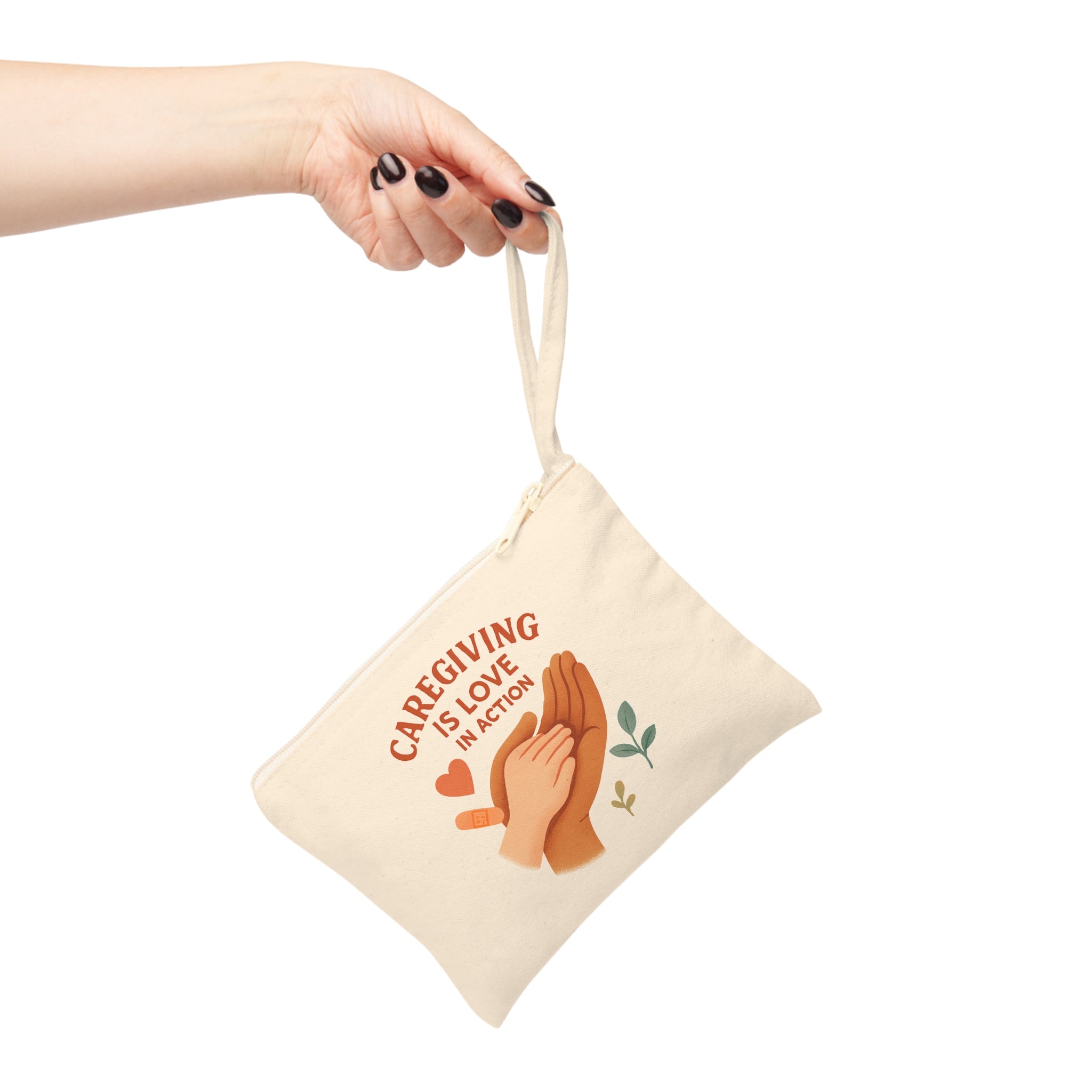 Caregiving Love Zipper Pouch | Eco-Friendly Accessory for Healthcare Workers, Gift for Nurses, Inspirational Makeup Bag, Self-Care Storage