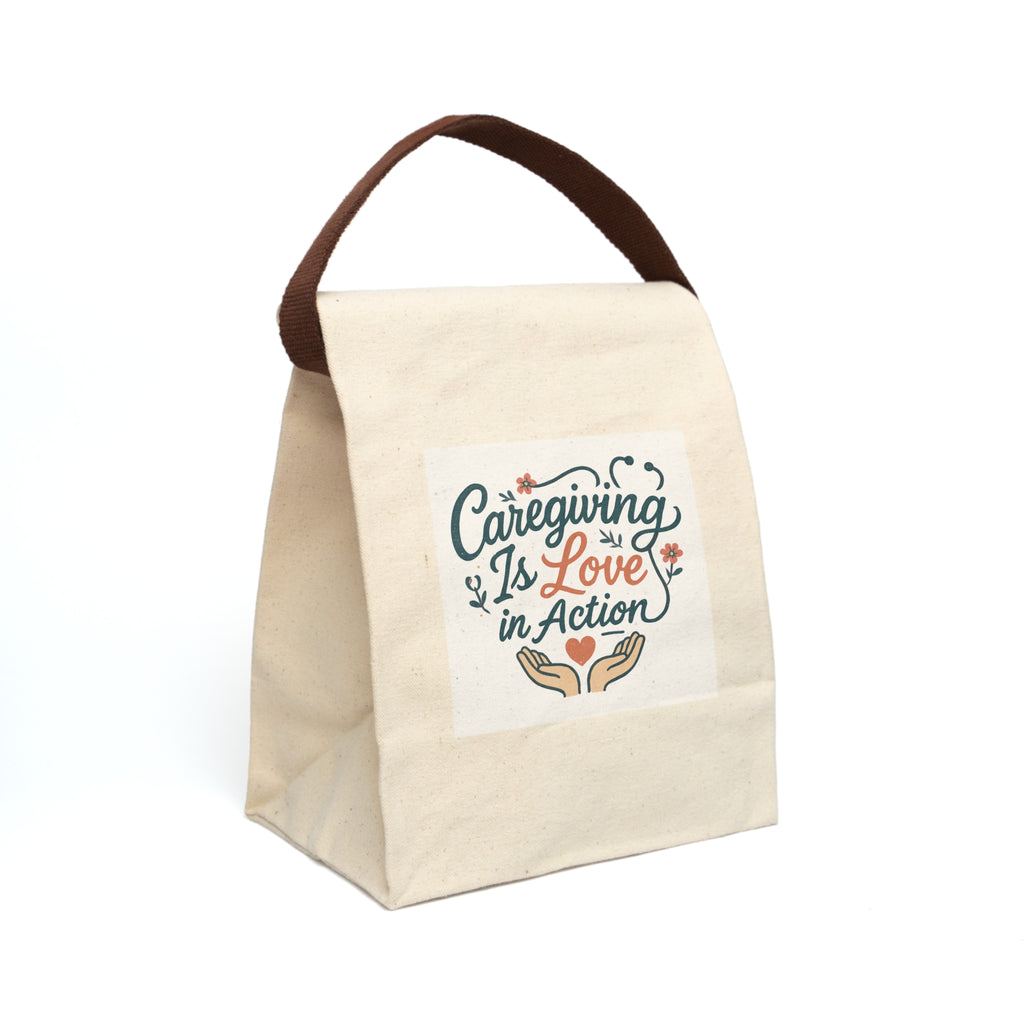 Caregiving Love Canvas Lunch Bag with Strap, Reusable Lunch Tote, Eco-Friendly Lunch Pouch, Gifts for Caregivers, Unique Lunch Bag
