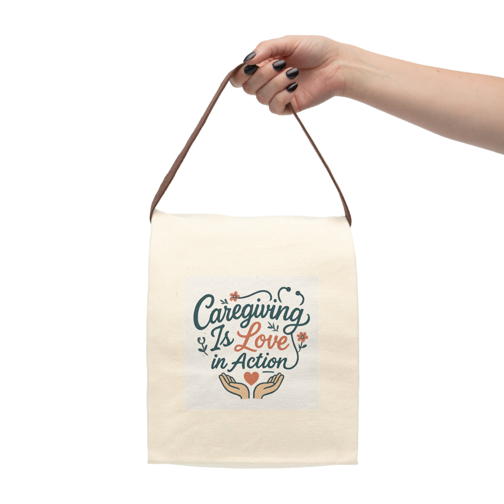 Caregiving Love Canvas Lunch Bag with Strap, Reusable Lunch Tote, Eco-Friendly Lunch Pouch, Gifts for Caregivers, Unique Lunch Bag